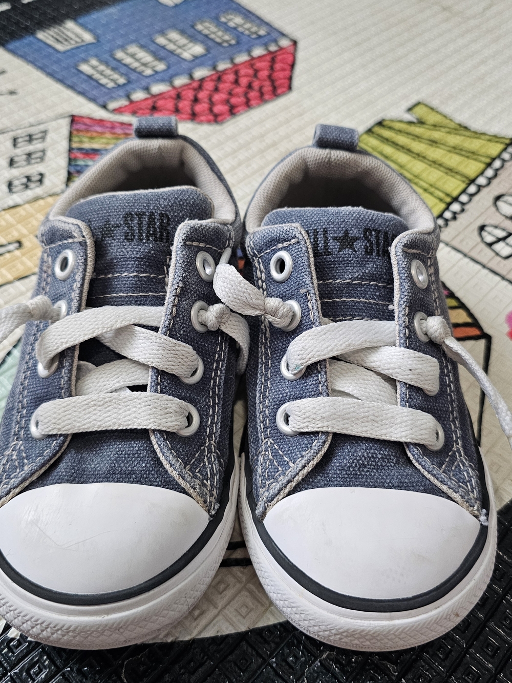 Kids Denim-Style Blue Canvas Sneakers with White Laces
